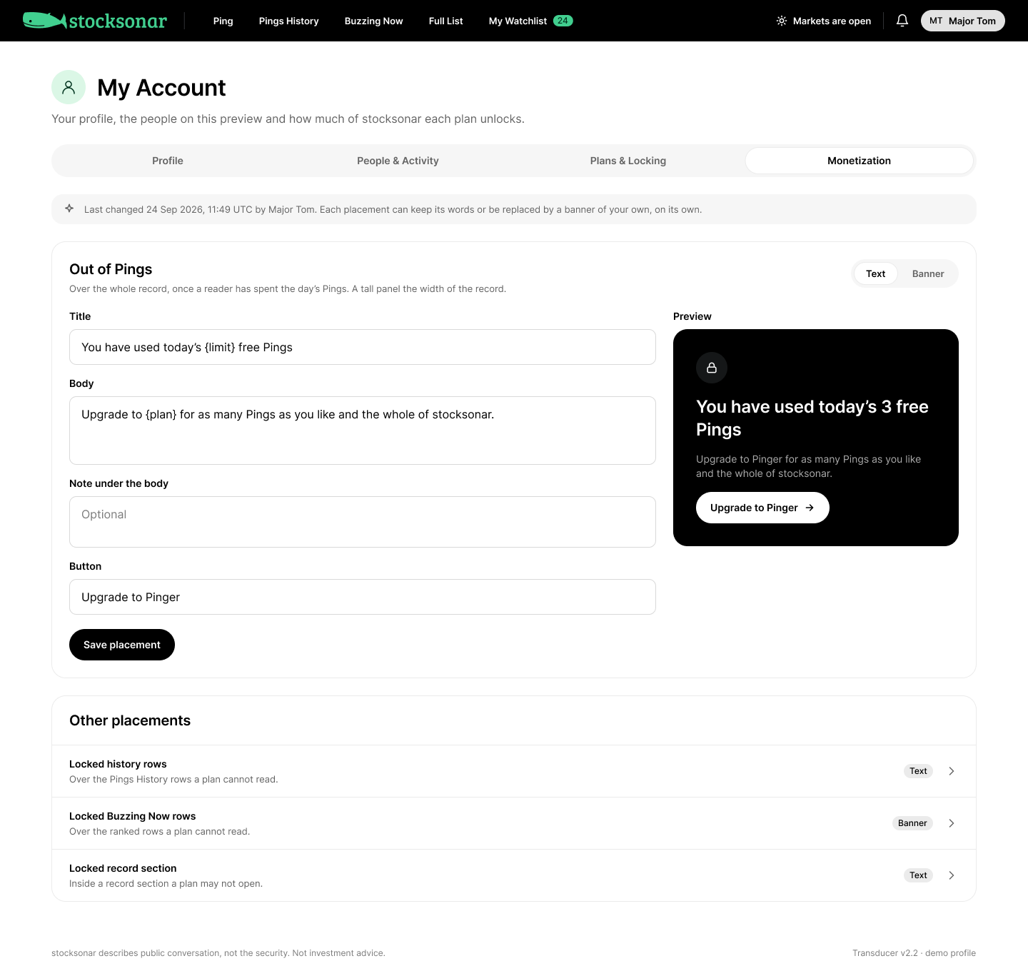 My Account — Monetization