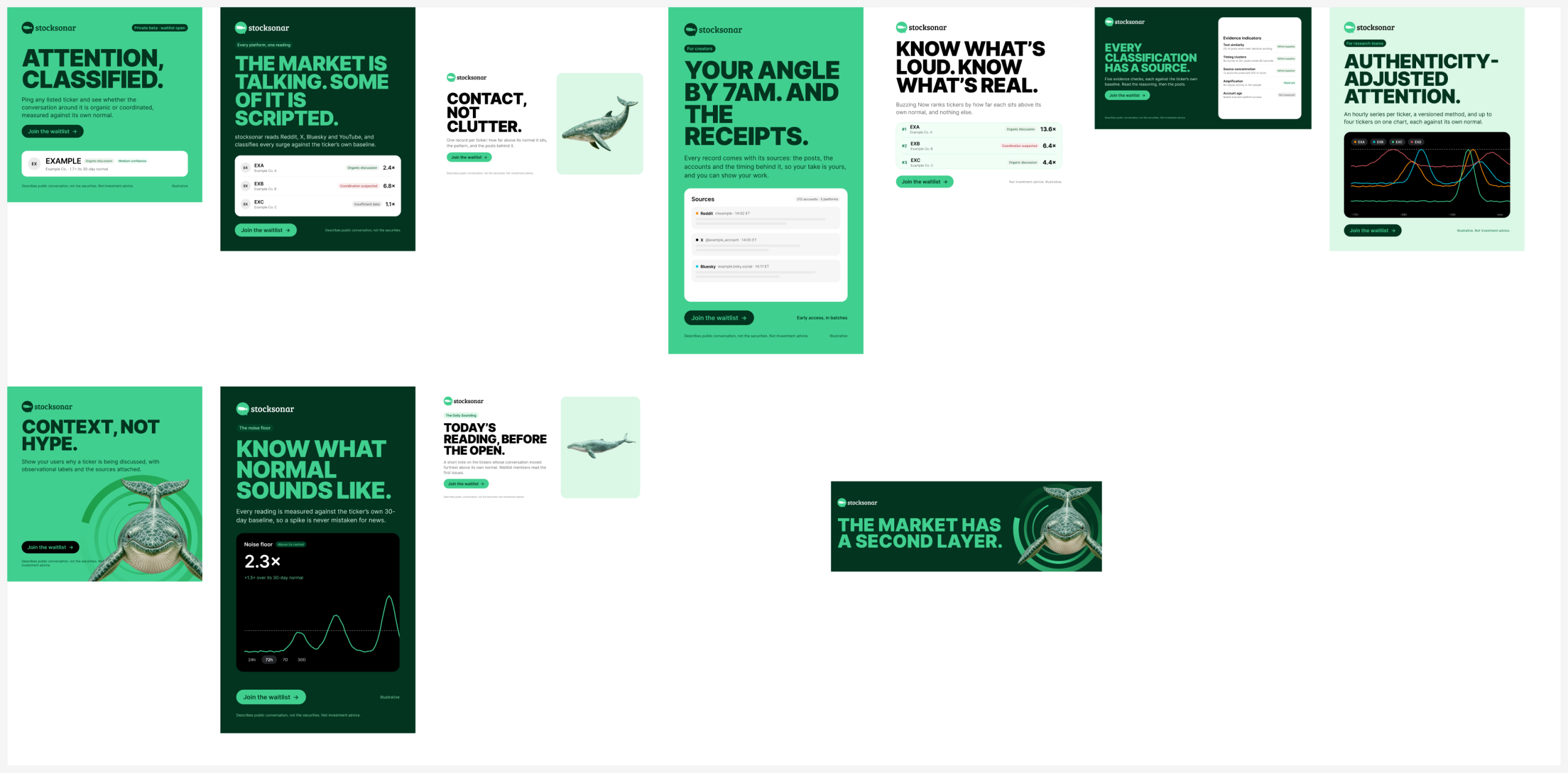 Social ad set — brand green, waitlist only
