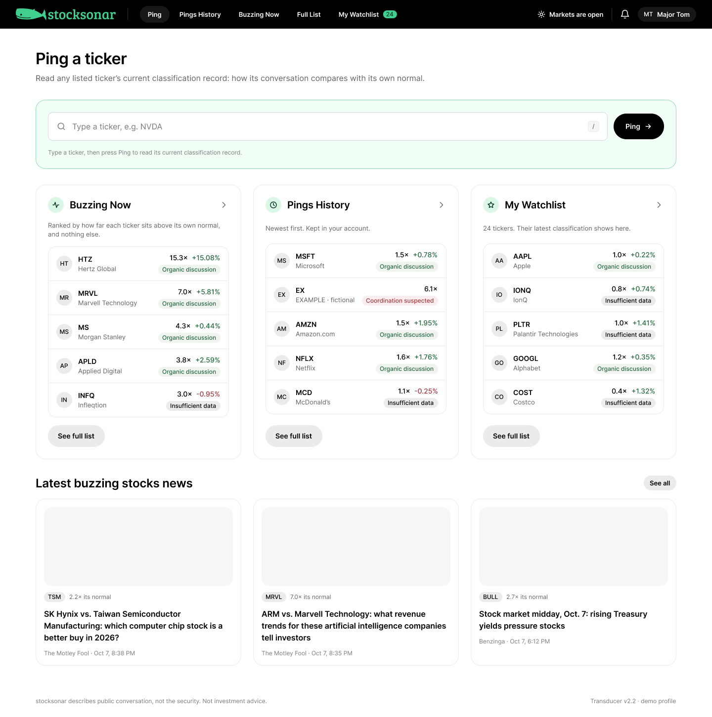 Ping a ticker — the home screen, with Buzzing Now, Pings History and My Watchlist